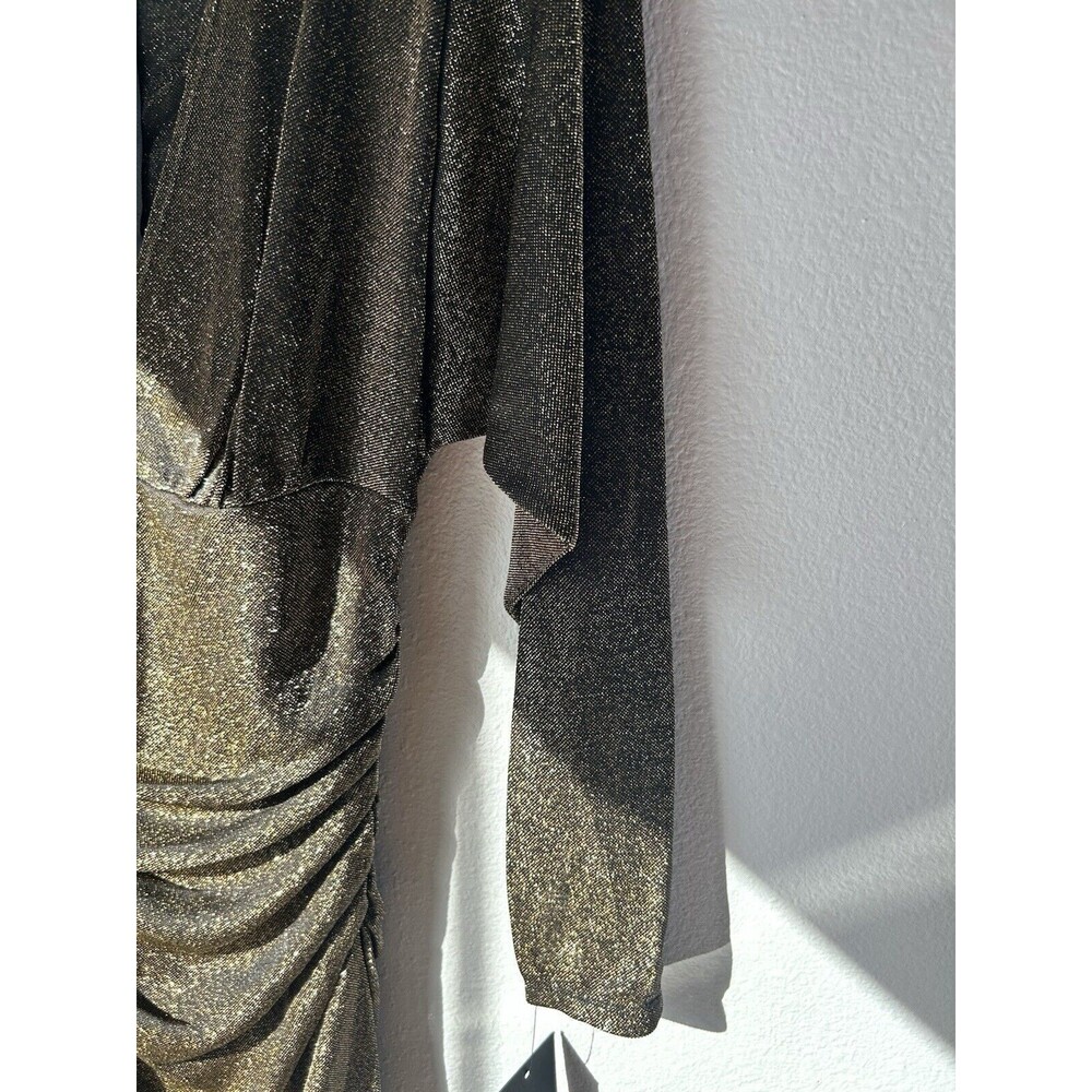 ALEXA B NITES‎ RUCHED GOLD GLAM MESH MAXI DRESS V NECK SIZE 4 NWT - Picture 8 of 9